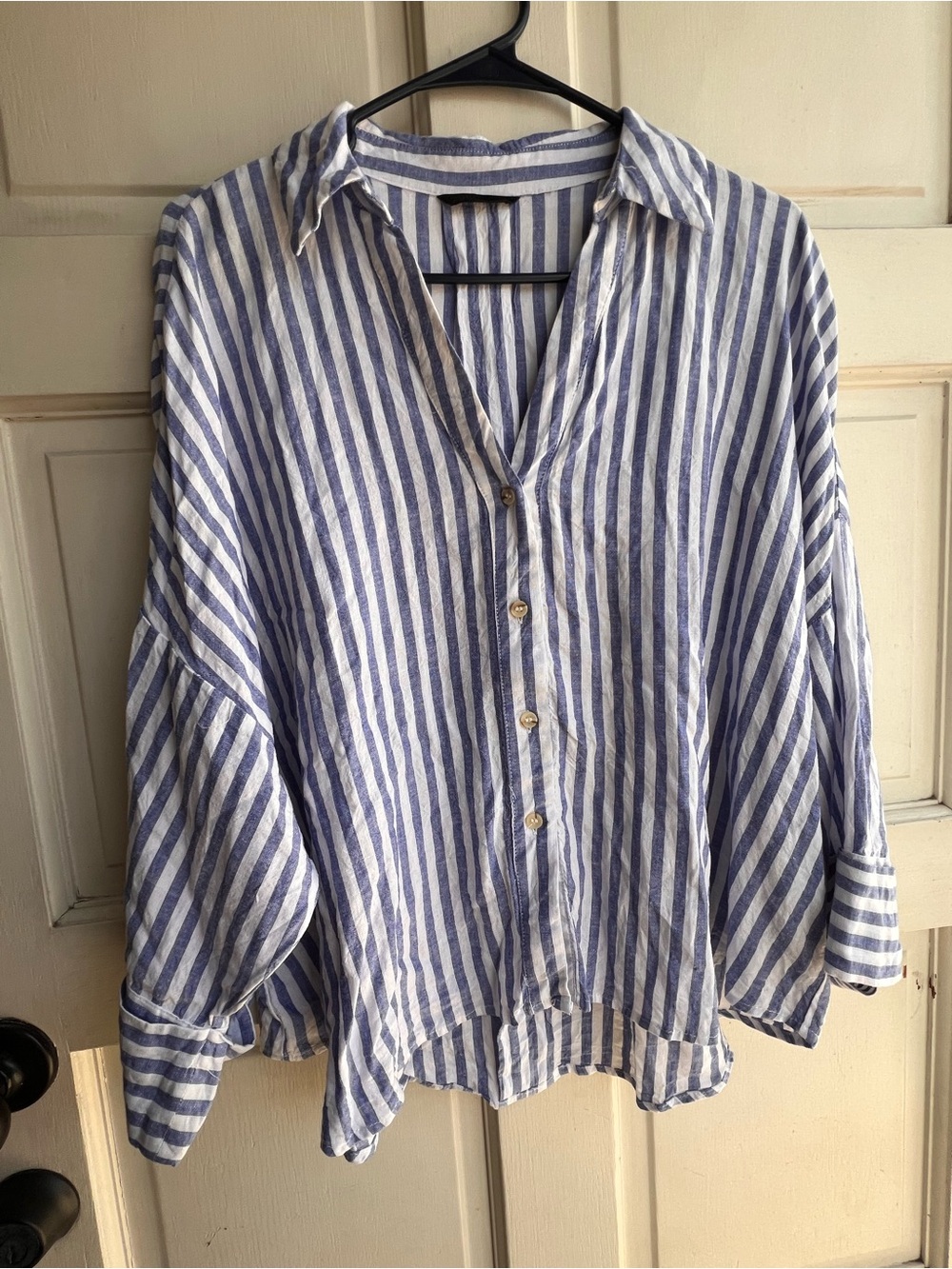 Zara Blue and White Vertical Stripe Button-Down Shirt